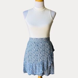 Sim & Sam Floral Ruffles White and Blue Mini Cottagecore Skirt - Size Medium